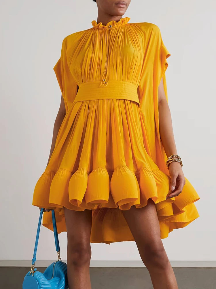 Ruffled Pleated Asymmetrical Mini Dress